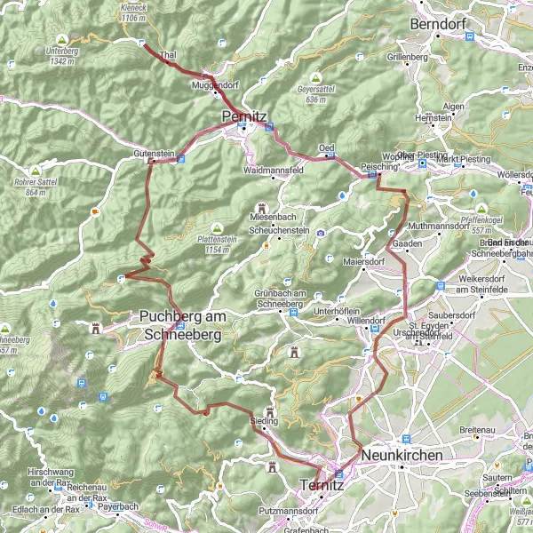 Map miniature of "Schneeberg Gravel Adventure" cycling inspiration in Niederösterreich, Austria. Generated by Tarmacs.app cycling route planner