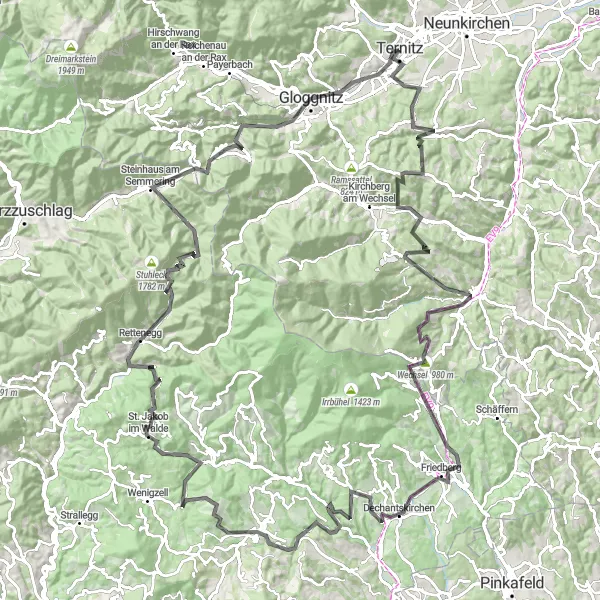 Miniatua del mapa de inspiración ciclista "Desafío en las Montañas de Niederösterreich" en Niederösterreich, Austria. Generado por Tarmacs.app planificador de rutas ciclistas