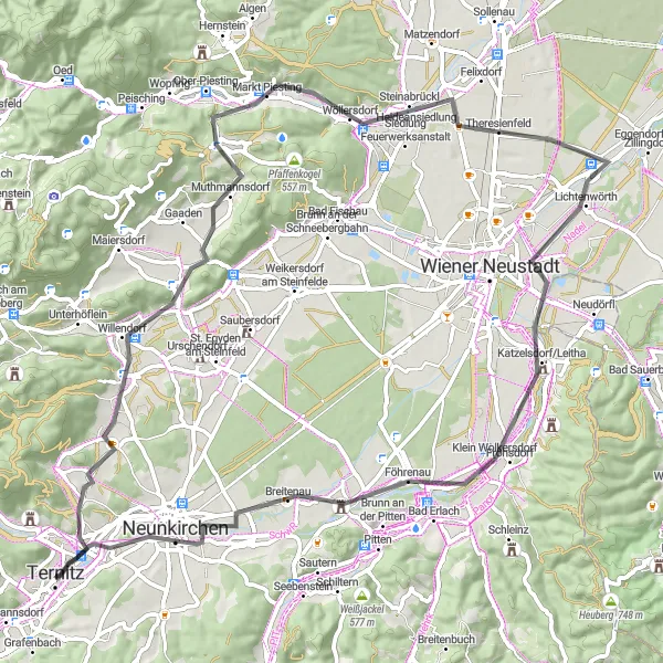 Miniatuurkaart van de fietsinspiratie "Wimpassing im Schwarzatale - Schloss Katzelsdorf Route" in Niederösterreich, Austria. Gemaakt door de Tarmacs.app fietsrouteplanner