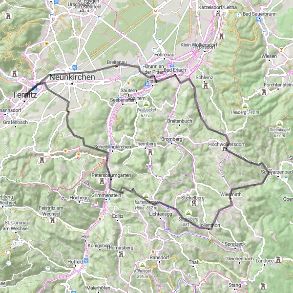Map miniature of "Steinfeld Loop" cycling inspiration in Niederösterreich, Austria. Generated by Tarmacs.app cycling route planner
