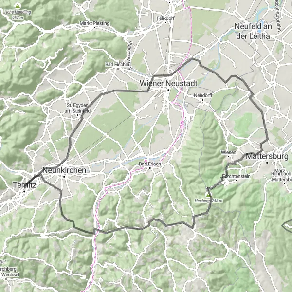Miniatua del mapa de inspiración ciclista "Ruta Escénica por Wiener Neustadt" en Niederösterreich, Austria. Generado por Tarmacs.app planificador de rutas ciclistas