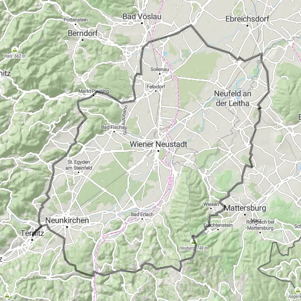 Miniaturní mapa "Trasa Würflach - Blosenberg - Markt Piesting - Höhlturm - Leobersdorf - Tattendorf - Hirschbühel - Steinbrunn/Štikapron - Kogelberg - Heuberg - Hochwolkersdorf - Hartberg - Wartmannstetten - Ternitz" inspirace pro cyklisty v oblasti Niederösterreich, Austria. Vytvořeno pomocí plánovače tras Tarmacs.app
