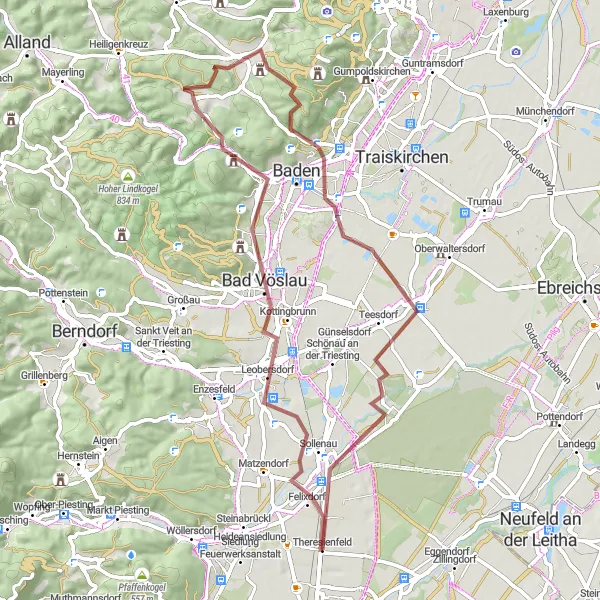 Miniaturekort af cykelinspirationen "Grusvejscykelrute gennem Theresienfeld" i Niederösterreich, Austria. Genereret af Tarmacs.app cykelruteplanlægger
