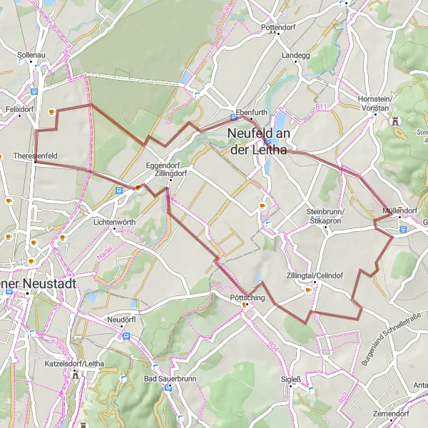 Miniatura della mappa di ispirazione al ciclismo "Scenic gravel ride to Zillingdorf" nella regione di Niederösterreich, Austria. Generata da Tarmacs.app, pianificatore di rotte ciclistiche