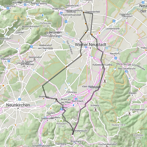 Miniatua del mapa de inspiración ciclista "Ruta Escénica a Theresienfeld" en Niederösterreich, Austria. Generado por Tarmacs.app planificador de rutas ciclistas