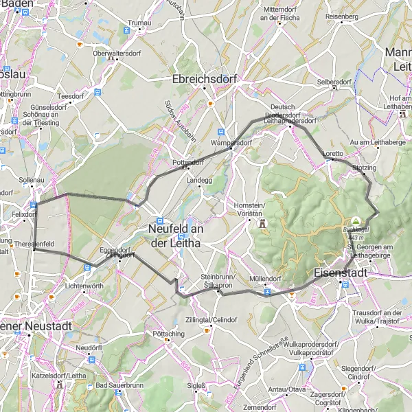 Mapa miniatúra "Kolo cez Stotzingberg a Eisenstadt" cyklistická inšpirácia v Niederösterreich, Austria. Vygenerované cyklistickým plánovačom trás Tarmacs.app