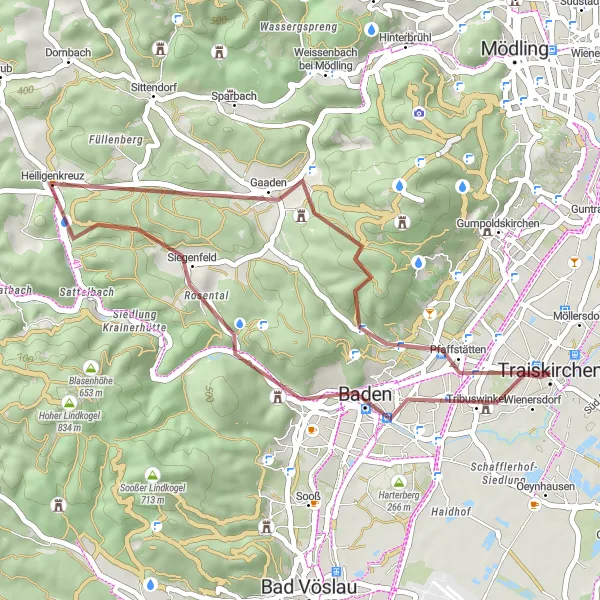 Kartminiatyr av "Traiskirchen til Baden Gravel Rundtur" sykkelinspirasjon i Niederösterreich, Austria. Generert av Tarmacs.app sykkelrutoplanlegger
