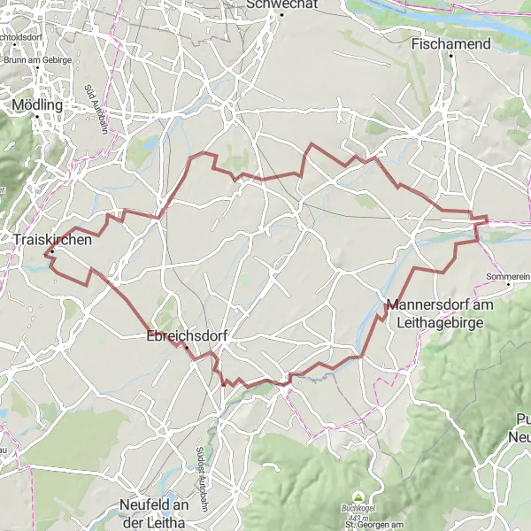 Miniatura della mappa di ispirazione al ciclismo "Rotta in Gravel da Münchendorf a Ebreichsdorf" nella regione di Niederösterreich, Austria. Generata da Tarmacs.app, pianificatore di rotte ciclistiche