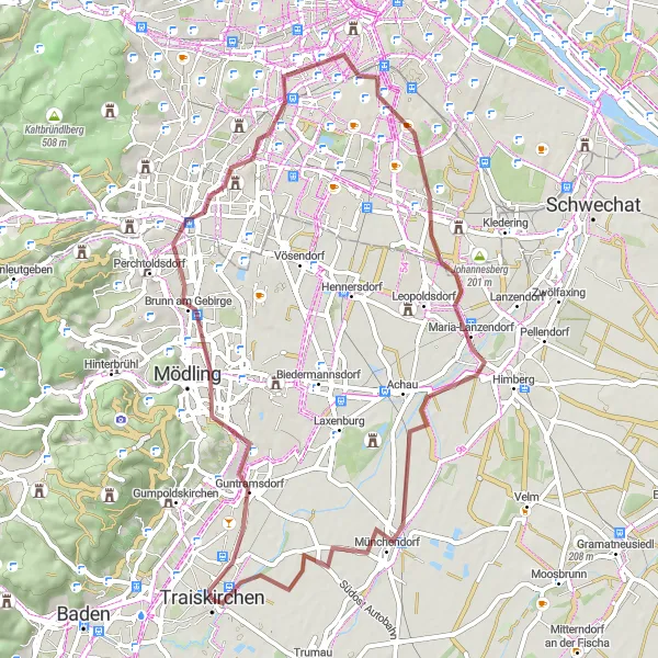 Zemljevid v pomanjšavi "Pot od Traiskirchena do Guntramsdorfa" kolesarske inspiracije v Niederösterreich, Austria. Generirano z načrtovalcem kolesarskih poti Tarmacs.app