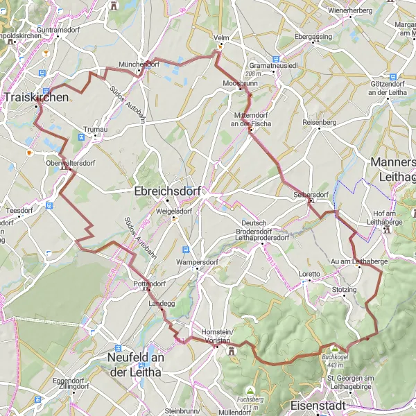 Miniatura della mappa di ispirazione al ciclismo "Tour ciclistico nelle vicinanze di Traiskirchen" nella regione di Niederösterreich, Austria. Generata da Tarmacs.app, pianificatore di rotte ciclistiche