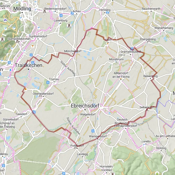 Miniatura della mappa di ispirazione al ciclismo "Giro in bicicletta lungo l'itinerario gravel sopra Traiskirchen" nella regione di Niederösterreich, Austria. Generata da Tarmacs.app, pianificatore di rotte ciclistiche