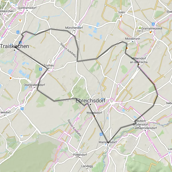 Miniatura della mappa di ispirazione al ciclismo "Giro in bicicletta da Traiskirchen a Trumau" nella regione di Niederösterreich, Austria. Generata da Tarmacs.app, pianificatore di rotte ciclistiche