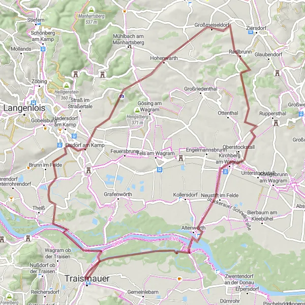 Map miniature of "Traismauer and Wagram Gravel Loop" cycling inspiration in Niederösterreich, Austria. Generated by Tarmacs.app cycling route planner