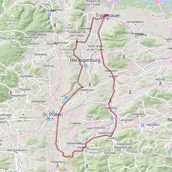 Zemljevid v pomanjšavi "Potovanje skozi zelene pokrajine" kolesarske inspiracije v Niederösterreich, Austria. Generirano z načrtovalcem kolesarskih poti Tarmacs.app