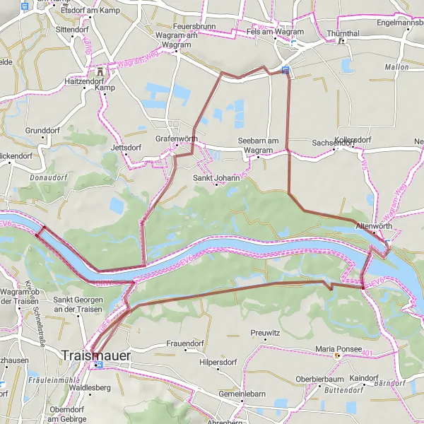Mapa miniatúra "Wagram Loop Ride" cyklistická inšpirácia v Niederösterreich, Austria. Vygenerované cyklistickým plánovačom trás Tarmacs.app