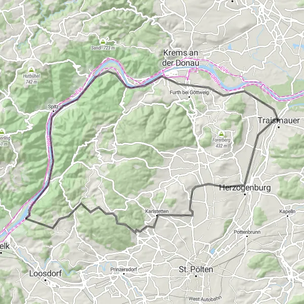 Kartminiatyr av "Utforsk Donau-valley" sykkelinspirasjon i Niederösterreich, Austria. Generert av Tarmacs.app sykkelrutoplanlegger