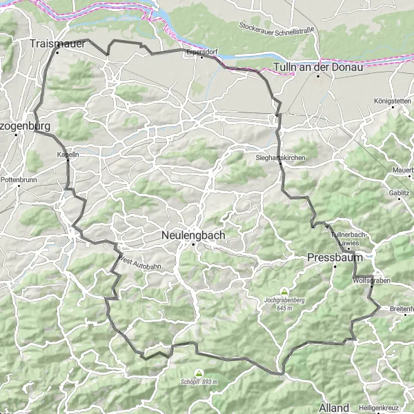 Miniatuurkaart van de fietsinspiratie "Traismauer Road Cycling Adventure" in Niederösterreich, Austria. Gemaakt door de Tarmacs.app fietsrouteplanner
