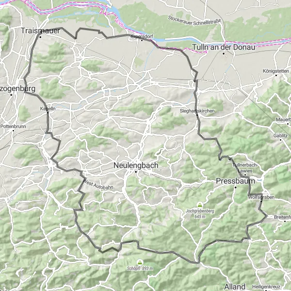 Miniaturekort af cykelinspirationen "Tulln rundtur" i Niederösterreich, Austria. Genereret af Tarmacs.app cykelruteplanlægger