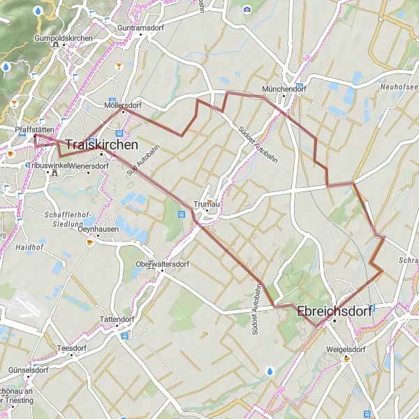 Miniatura della mappa di ispirazione al ciclismo "Esplorazione in Mountain Bike tra Münchendorf e Bühel" nella regione di Niederösterreich, Austria. Generata da Tarmacs.app, pianificatore di rotte ciclistiche