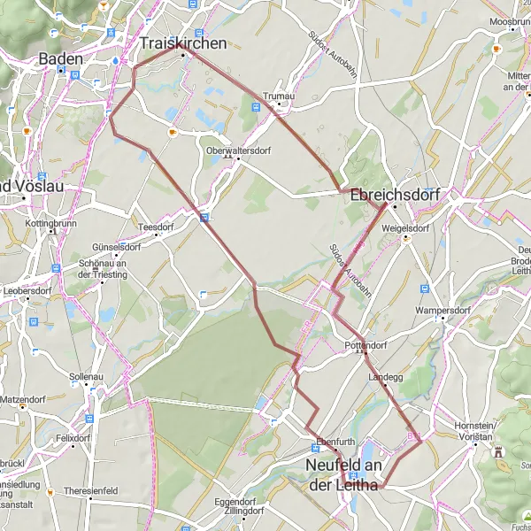 Miniatura della mappa di ispirazione al ciclismo "Giro in Mountain Bike intorno a Tribuswinkel" nella regione di Niederösterreich, Austria. Generata da Tarmacs.app, pianificatore di rotte ciclistiche