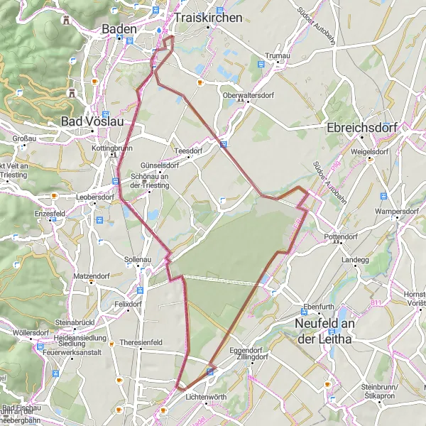 Miniatua del mapa de inspiración ciclista "Ruta de ciclismo de grava por Kottingbrunn" en Niederösterreich, Austria. Generado por Tarmacs.app planificador de rutas ciclistas