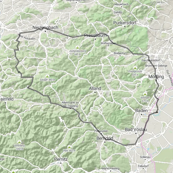Kartminiatyr av "Vinbergen och kullarna i Niederösterreich" cykelinspiration i Niederösterreich, Austria. Genererad av Tarmacs.app cykelruttplanerare