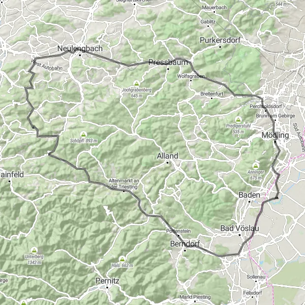 Karttaminiaatyyri "Tribuswinkelin pyöräilyharjoitus" pyöräilyinspiraatiosta alueella Niederösterreich, Austria. Luotu Tarmacs.app pyöräilyreittisuunnittelijalla