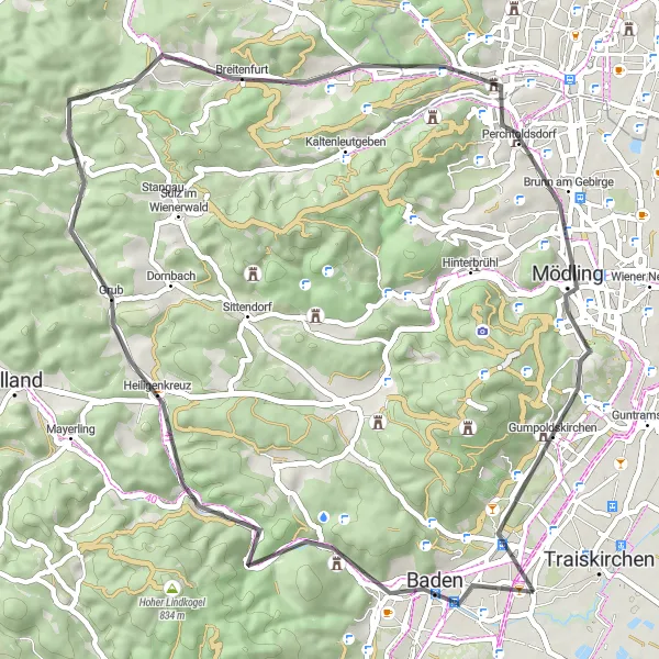 Miniatura mapy "Trasa Road Baden-Bergfried-Kleiner Bodenberg-Heiligenkreuz-Kleiner Winkelberg-Breitenfurt-Gugelhupf-Mödling-Badner Riegel-Pfaffstätten" - trasy rowerowej w Niederösterreich, Austria. Wygenerowane przez planer tras rowerowych Tarmacs.app