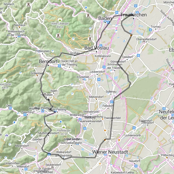 Miniatuurkaart van de fietsinspiratie "Rondrit door Günselsdorf en Baden" in Niederösterreich, Austria. Gemaakt door de Tarmacs.app fietsrouteplanner