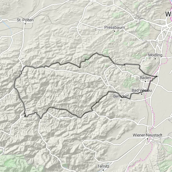 Miniatura della mappa di ispirazione al ciclismo "Esplorazione epica tra montagne e castelli" nella regione di Niederösterreich, Austria. Generata da Tarmacs.app, pianificatore di rotte ciclistiche