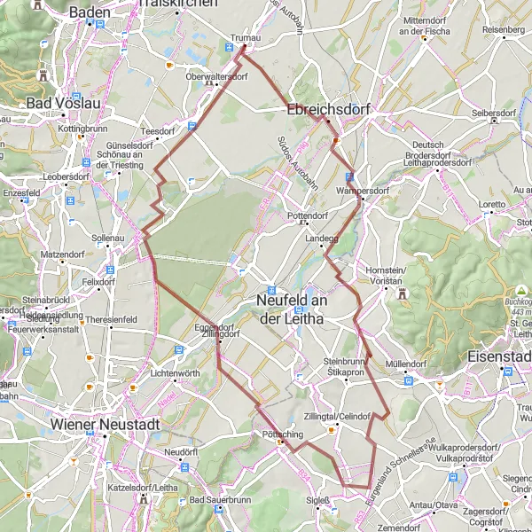 Miniaturekort af cykelinspirationen "Spændende grusvejscykelrute til Zillingdorf fra Ebreichsdorf" i Niederösterreich, Austria. Genereret af Tarmacs.app cykelruteplanlægger