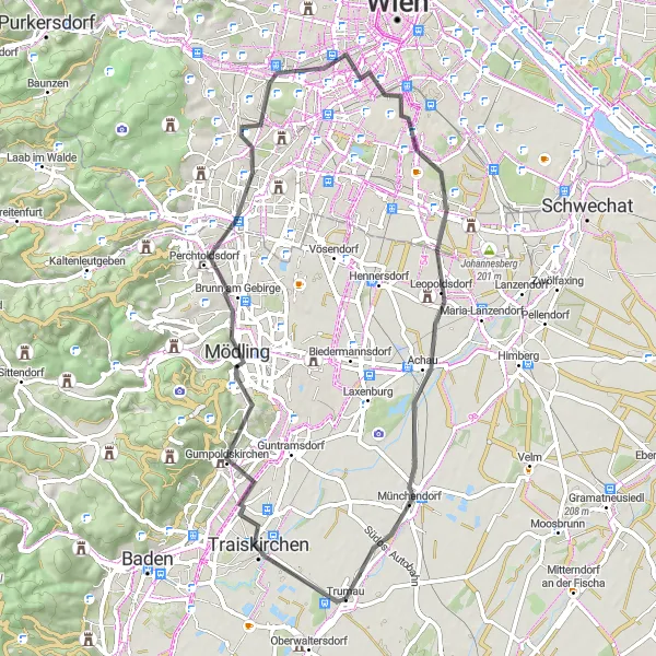 Miniaturekort af cykelinspirationen "Landevejscykelrute gennem Traiskirchen og Penzing" i Niederösterreich, Austria. Genereret af Tarmacs.app cykelruteplanlægger