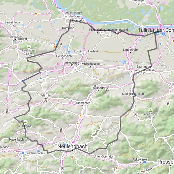 Miniatura della mappa di ispirazione al ciclismo "Giro in Bicicletta Neulengbach-Tulln an der Donau" nella regione di Niederösterreich, Austria. Generata da Tarmacs.app, pianificatore di rotte ciclistiche