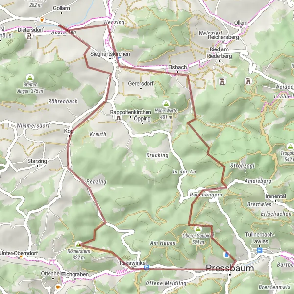 Miniaturní mapa "Gravelový okruh kousek od Tullnerbach-Lawies" inspirace pro cyklisty v oblasti Niederösterreich, Austria. Vytvořeno pomocí plánovače tras Tarmacs.app