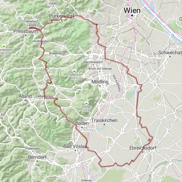 Kartminiatyr av "Grunnende til vinroute" sykkelinspirasjon i Niederösterreich, Austria. Generert av Tarmacs.app sykkelrutoplanlegger