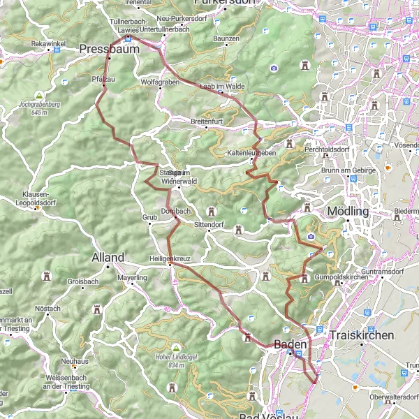 Miniatura della mappa di ispirazione al ciclismo "Esplorazione avventurosa in Gravel tra Baden e Pressbaum" nella regione di Niederösterreich, Austria. Generata da Tarmacs.app, pianificatore di rotte ciclistiche