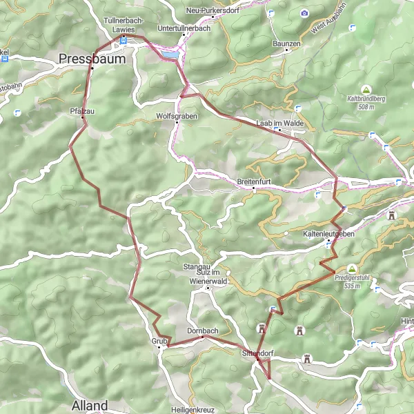 Miniatua del mapa de inspiración ciclista "Ruta de Ciclismo de Grava por los Bosques de Austria" en Niederösterreich, Austria. Generado por Tarmacs.app planificador de rutas ciclistas