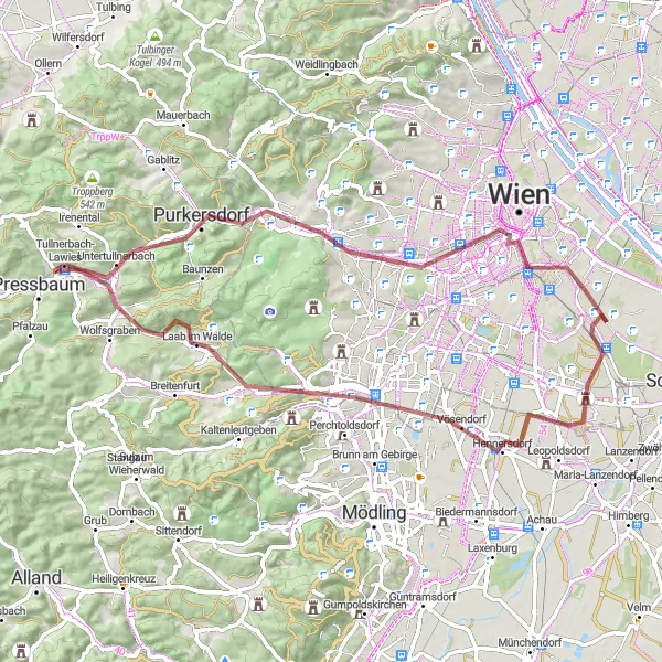Miniatura della mappa di ispirazione al ciclismo "Giro in Gravel attraverso i tesori di Vienna" nella regione di Niederösterreich, Austria. Generata da Tarmacs.app, pianificatore di rotte ciclistiche