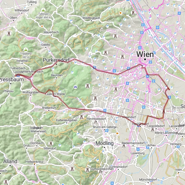 Map miniature of "The Gravel Adventure" cycling inspiration in Niederösterreich, Austria. Generated by Tarmacs.app cycling route planner