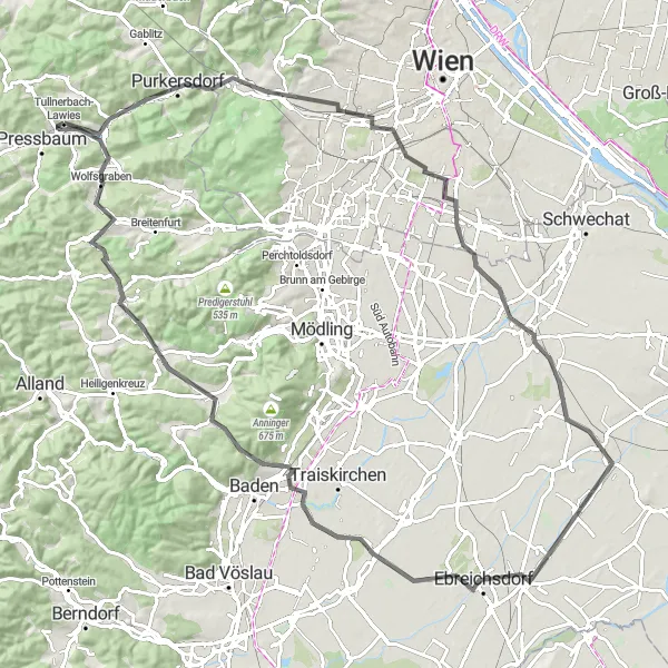 Map miniature of "The Vienna Rollercoaster" cycling inspiration in Niederösterreich, Austria. Generated by Tarmacs.app cycling route planner