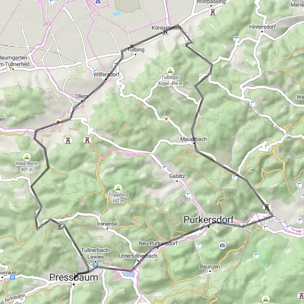 Miniatura della mappa di ispirazione al ciclismo "Scoperta di Mauerbach in bicicletta" nella regione di Niederösterreich, Austria. Generata da Tarmacs.app, pianificatore di rotte ciclistiche