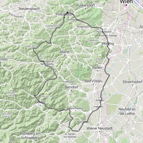 Miniatua del mapa de inspiración ciclista "Ruta de 142 km en carretera desde Tullnerbach-Lawies" en Niederösterreich, Austria. Generado por Tarmacs.app planificador de rutas ciclistas
