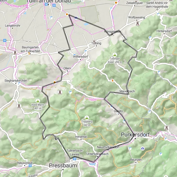 Miniature de la carte de l'inspiration cycliste "La boucle de Tullnerbach-Lawies" dans la Niederösterreich, Austria. Générée par le planificateur d'itinéraire cycliste Tarmacs.app