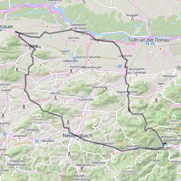 Map miniature of "The Niederösterreich Countryside Loop" cycling inspiration in Niederösterreich, Austria. Generated by Tarmacs.app cycling route planner
