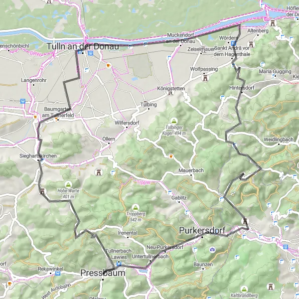 Mapa miniatúra "Umiernený výlet na cestných bicykloch okolo Tullnerbach-Lawies" cyklistická inšpirácia v Niederösterreich, Austria. Vygenerované cyklistickým plánovačom trás Tarmacs.app