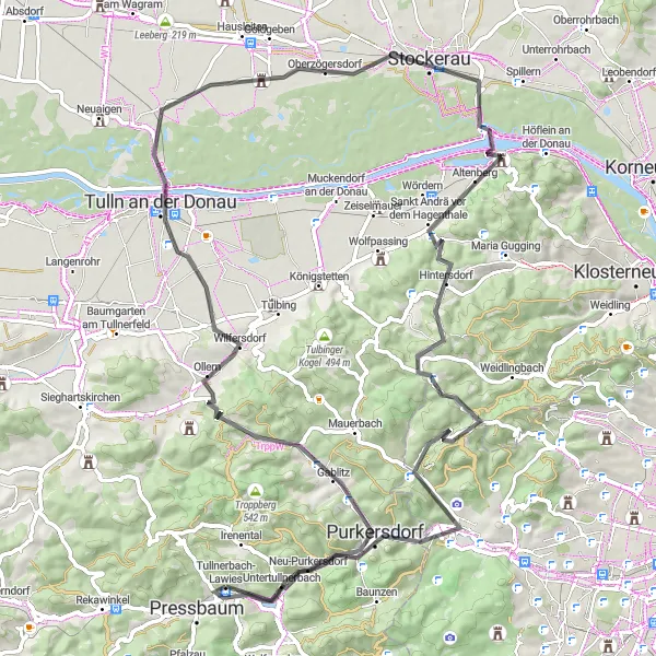 Miniatura della mappa di ispirazione al ciclismo "Esplorazione Panoramica di Tullnerbach-Lawies" nella regione di Niederösterreich, Austria. Generata da Tarmacs.app, pianificatore di rotte ciclistiche
