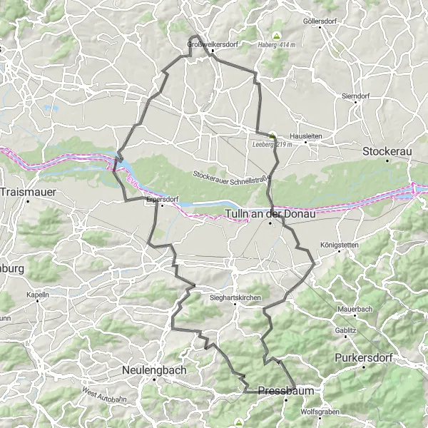 Karttaminiaatyyri "Haastava koitos maanteillä" pyöräilyinspiraatiosta alueella Niederösterreich, Austria. Luotu Tarmacs.app pyöräilyreittisuunnittelijalla