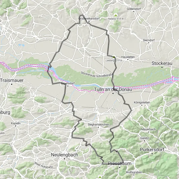 Miniatua del mapa de inspiración ciclista "Viaje en Bicicleta por los Viñedos de Austria" en Niederösterreich, Austria. Generado por Tarmacs.app planificador de rutas ciclistas