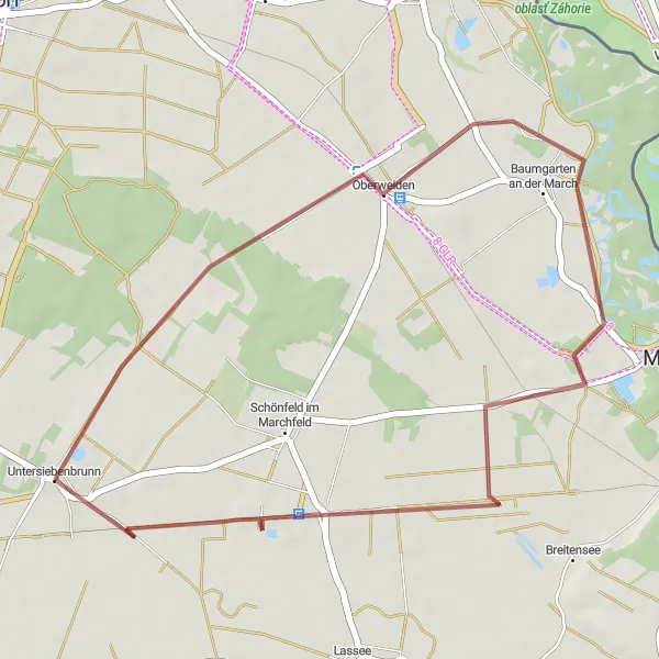 Miniatura mapy "Trasa rowerowa Untersiebenbrunn - Baumgarten an der March - Lassee Bahnhof" - trasy rowerowej w Niederösterreich, Austria. Wygenerowane przez planer tras rowerowych Tarmacs.app