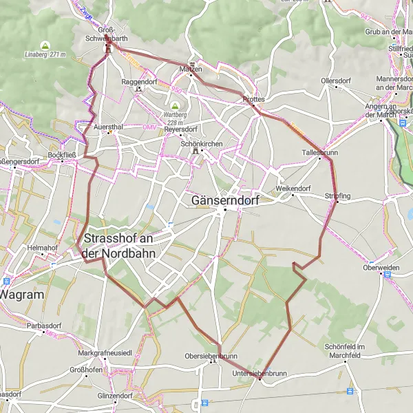 Miniaturní mapa "Gravelový okruh přes Obersiebenbrunn a Prottes" inspirace pro cyklisty v oblasti Niederösterreich, Austria. Vytvořeno pomocí plánovače tras Tarmacs.app